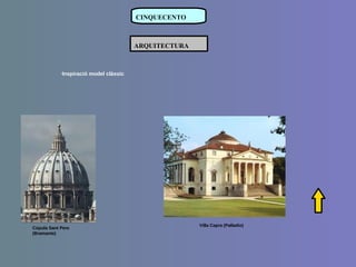 · Inspiració model clàssic CINQUECENTO ARQUITECTURA Cúpula Sant Pere (Bramante) Villa Capra (Palladio) 