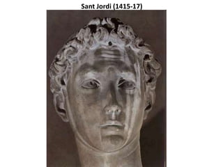 OBRES IMPORTANTS DONATELLO
Al DAVID(1440), fa el primer nu amb bronze des de l’antiguitat, amb una composició
praxiteliana, un perfecte estudi anatòmic i un fort simbolisme. Uneix la història bíblica, el
món clàssic i la Florència del Quattrocento.
 