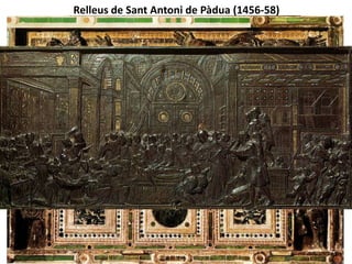 MIQUEL ÀNGEL (I)
 És el gran geni de l’escultura italiana i és un dels
paradigmes d’home del Renaixement (treballa totes les arts).
 Es va formar a Florència. Influenciat per Donatello i Della
Quercia. Gairebé tota la seva obra la fa entre Florència i
Roma.
 Treballa sol, sense cap ajuda d’un taller.
 Material: treballa el marbre blanc de Carrara.
 Totes les seves obre les extreu d’un sol bloc mitjançant la
talla, a partir de la idea de l’obra que té al seu cap. És un gran
mestre del cisell.
 Temàtica: realitza obres religioses i monuments funerari.
 La seva filosofia neoplatònica es plasma a les seves obres: tracta de captar la idea, la
representació ideal del concepte, més que no la realitat, fins i tots als retrats (imatge
idealitzada).
 