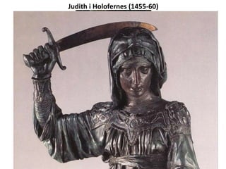 MIQUEL ÀNGEL (II)
 La captació del sentiment la fa a partir de la idea de terribilità:
el personatge és captat en el moment en què va a iniciar la seva
acció, ple de violència anterior i cabreig (tensió i dramatisme
continguts).
 La seva escultura és més monumental i molt centrada en el
volum. Més preocupació per l’expressivitat que trenquen
l’harmonia clàssica.
 Predominen les línies corbes en les composicions(influència
del Laoocont i l’hel·lenisme): va des del clàssic contraposto a
l’anomenada forma serpertinata, ascendent, reforçant el
dinamisme.
 