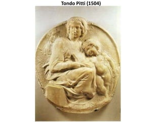 MIQUEL ÀNGEL: ETAPA DE MADURESA (1505-1534)
 Al PANTEÓ DELS
MEDICI (1520-1536):
esculpeix les tombes de
Lorenzo i Giuliano,
disposades de forma
simètrica i les dues amb
una composició
triangular amb dues
figures al·legòriques als
peus de les escultures
dels morts (capta la
psicologia dels
personatges,
contraposant el guerrer
actiu amb la passivitat
contemplativa, l’absolut
del dia i la nit amb el
relativisme del
crepuscle i l’aurora).
 