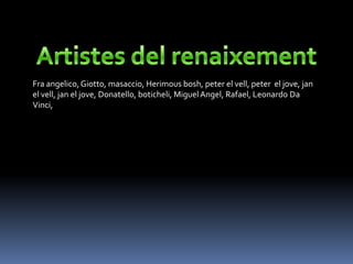 Fra angelico, Giotto, masaccio, Herimous bosh, peter el vell, peter el jove, jan
el vell, jan el jove, Donatello, boticheli, Miguel Angel, Rafael, Leonardo Da
Vinci,
 