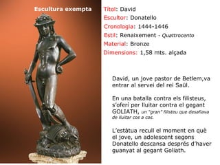 Escultura exempta

Títol: David
Escultor: Donatello
Cronologia: 1444-1446
Estil: Renaixement - Quattrocento
Material: Bronze
Dimensions: 1,58 mts. alçada

David, un jove pastor de Betlem,va
entrar al servei del rei Saül.
En una batalla contra els filisteus,
s’oferí per lluitar contra el gegant
GOLIATH, un “gran” filisteu que desafiava
de lluitar cos a cos.

L’estàtua recull el moment en què
el jove, un adolescent segons
Donatello descansa després d’haver
guanyat al gegant Goliath.

 