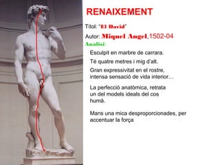 RENAIXEMENT
Títol: “El David”
Autor: Miquel
Anàlisi:

Angel,1502-04

Esculpit en marbre de carrara.
Té quatre metres i mig d’alt.
Gran expressivitat en el rostre,
intensa sensació de vida interior…
La perfecció anatòmica, retrata
un del models ideals del cos
humà.
Mans una mica desproporcionades, per
accentuar la força

 