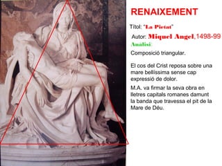RENAIXEMENT
Títol: “La Pietat”
Autor: Miquel
Anàlisi:

Angel,1498-99

Composició triangular.
El cos del Crist reposa sobre una
mare bellíssima sense cap
expressió de dolor.
M.A. va firmar la seva obra en
lletres capitals romanes damunt
la banda que travessa el pit de la
Mare de Déu.

 
