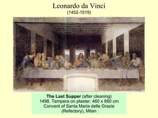 The Last Supper   ( after cleaning ) 1498 .  Tempera on plaster .  460 x 880 cm Convent of Santa Maria delle Grazie (Refectory), Milan Leonardo da Vinci (1452-1519 ) 