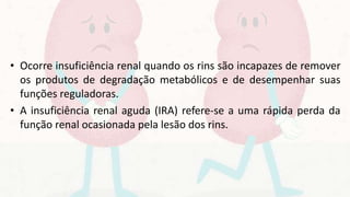 • Ocorre insuficiência renal quando os rins são incapazes de remover
os produtos de degradação metabólicos e de desempenhar suas
funções reguladoras.
• A insuficiência renal aguda (IRA) refere-se a uma rápida perda da
função renal ocasionada pela lesão dos rins.
 