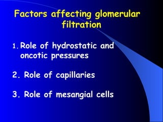 Factors affecting glomerular
filtration
1. Role of hydrostatic and
oncotic pressures
2. Role of capillaries
3. Role of mesangial cells
 