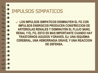 IMPULSOS SIMPATICOS LOS IMPULSOS SIMPATICOS DISMINUYEN EL FG CON IMPULSOS ENERGICOS PRODUCEN CONSTRICCION DE ARTERIOLAS RENALES Y DISMINUYEN EL FLUJO SANG. RENAL Y EL FG, ESTO ES MAS IMPORTANTE CUANDO HAY TRASTORNOS AGUDOS Y GRAVES, EJ; UNA ISQUEMIA CEREBRAL, UNA HEMORRAGIA GRAVE, Y UNA REACCION DE DEFENSA. 