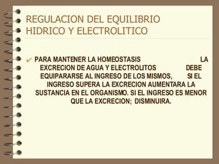 REGULACION DEL EQUILIBRIO  HIDRICO Y ELECTROLITICO PARA MANTENER LA HOMEOSTASIS  LA EXCRECION DE AGUA Y ELECTROLITOS  DEBE EQUIPARARSE AL INGRESO DE LOS MISMOS,  SI EL INGRESO SUPERA LA EXCRECION AUMENTARA LA SUSTANCIA EN EL ORGANISMO. SI EL INGRESO ES MENOR QUE LA EXCRECION;  DISMINUIRA. 