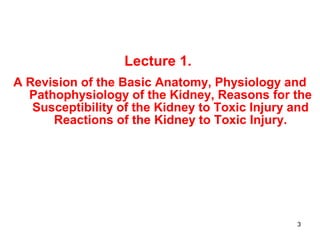 Lecture 1.
A Revision of the Basic Anatomy, Physiology and
  Pathophysiology of the Kidney, Reasons for the
   Susceptibility of the Kidney to Toxic Injury and
      Reactions of the Kidney to Toxic Injury.




                                                3
 
