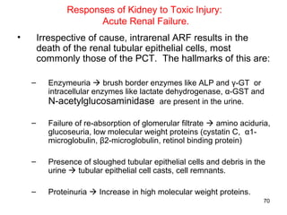 Responses of Kidney to Toxic Injury:
                      Acute Renal Failure.
•       Irrespective of cause, intrarenal ARF results in the
        death of the renal tubular epithelial cells, most
        commonly those of the PCT. The hallmarks of this are:

    –     Enzymeuria  brush border enzymes like ALP and γ-GT or
          intracellular enzymes like lactate dehydrogenase, α-GST and
          N-acetylglucosaminidase are present in the urine.

    –     Failure of re-absorption of glomerular filtrate  amino aciduria,
          glucoseuria, low molecular weight proteins (cystatin C, α1-
          microglobulin, β2-microglobulin, retinol binding protein)

    –     Presence of sloughed tubular epithelial cells and debris in the
          urine  tubular epithelial cell casts, cell remnants.

    –     Proteinuria  Increase in high molecular weight proteins.
                                                                         70
 
