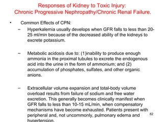 Responses of Kidney to Toxic Injury:
    Chronic Progressive Nephropathy/Chronic Renal Failure.
•      Common Effects of CPN:
     –   Hyperkalemia usually develops when GFR falls to less than 20-
         25 ml/min because of the decreased ability of the kidneys to
         excrete potassium.

     –   Metabolic acidosis due to: (1)inability to produce enough
         ammonia in the proximal tubules to excrete the endogenous
         acid into the urine in the form of ammonium; and (2)
         accumulation of phosphates, sulfates, and other organic
         anions.

     –   Extracellular volume expansion and total-body volume
         overload results from failure of sodium and free water
         excretion. This generally becomes clinically manifest when
         GFR falls to less than 10-15 mL/min, when compensatory
         mechanisms have become exhausted. Patients present with
                                                                      82
         peripheral and, not uncommonly, pulmonary edema and
 