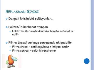 REPLASMAN SIVISI
 Dengeli kristaloid solüsyonlar…
 Laktat/ bikarbonat tampon
 Laktat hasta tarafından bikarbonata metabolize
edilir
 Filtre öncesi ve/veya sonrasında eklenebilir.
 Filtre öncesi – antikoagülasyon ihtiyacı azalır
 Filtre sonrası – solüt klirensi artar
 