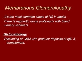 Membranous Glomerulopathy
.It‘s the most common cause of NS in adults
There is nephrotic range proteinuria with bland
.urinary sediment

Histopathology
Thickening of GBM with granular deposits of IgG &
  complement.
 