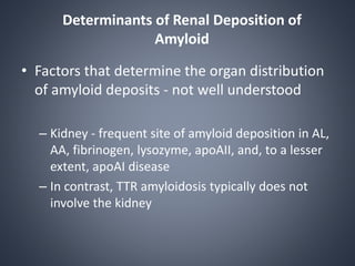 Determinants of Renal Deposition of
Amyloid
• Factors that determine the organ distribution
of amyloid deposits - not well understood
– Kidney - frequent site of amyloid deposition in AL,
AA, fibrinogen, lysozyme, apoAII, and, to a lesser
extent, apoAI disease
– In contrast, TTR amyloidosis typically does not
involve the kidney
 