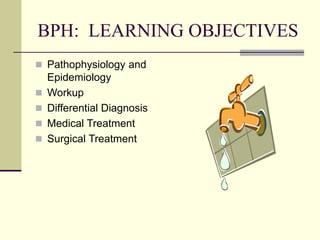 BPH: LEARNING OBJECTIVES
 Pathophysiology and
Epidemiology
 Workup
 Differential Diagnosis
 Medical Treatment
 Surgical Treatment
 