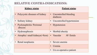 RELATIVE CONTRA-INDICATIONS:
Kidney status Patient status
• Polycystic diseases of kidney • Uncontrolled bleeding
diathesis
• Solitary kidney • Uncontrolled hypertension
• Pyelonephritis/ Perirenal
abscess
• Hypotension
• Hydronephrosis • Morbid obesity
• Atrophic/ small kidneys(<8cm) • Vascular AV fistula
• Renal neoplasms • Severe anemia
• Uremia
• Un co-operative patient
 
