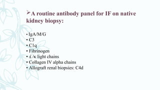 A routine antibody panel for IF on native
kidney biopsy:
• IgA/M/G
• C3
• C1q
• Fibrinogen
• /κ light chains
ʎ
• Collagen IV alpha chains
• Allograft renal biopsies: C4d
 