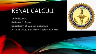 RENAL CALCULI
Dr Anil Kumar
Assistant Professor
Department of Surgical Disciplines
All India Institute of Medical Sciences, Patna
 