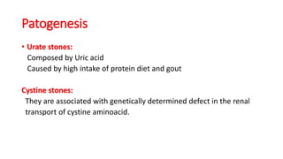 Patogenesis
• Urate stones:
Composed by Uric acid
Caused by high intake of protein diet and gout
Cystine stones:
They are associated with genetically determined defect in the renal
transport of cystine aminoacid.
 
