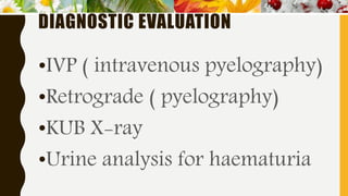 DIAGNOSTIC EVALUATION
•IVP ( intravenous pyelography)
•Retrograde ( pyelography)
•KUB X-ray
•Urine analysis for haematuria
 