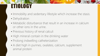 ETIOLOGY
• Immobility and sedentary lifestyle which increase the stasis.
• Dehydration
• Metabolic disturbance that result in an increase in calcium
or other ions in the urine.
• Previous history of renal calculi
• High mineral contain in the drinking water
• Prolong indwelling catheterization
• A diet high in purines, oxalates, calcium, supplement
animal protein
 