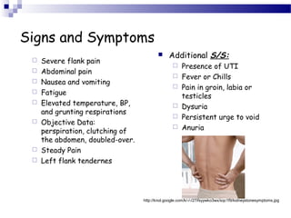 Signs and Symptoms
 Severe flank pain
 Abdominal pain
 Nausea and vomiting
 Fatigue
 Elevated temperature, BP,
and grunting respirations
 Objective Data:
perspiration, clutching of
the abdomen, doubled-over.
 Steady Pain
 Left flank tendernes
 Additional S/S:
 Presence of UTI
 Fever or Chills
 Pain in groin, labia or
testicles
 Dysuria
 Persistent urge to void
 Anuria
http://knol.google.com/k/-/-/27ifsyywko3wx/sqc1f9/kidneystonesymptoms.jpg
 