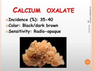 CALCIUM OXALATE
Incidence (%): 35-40
Color: Black/dark brown
Sensitivity: Radio-opaque
12/18/20204:57:34
AM
10
MOUNESH
 