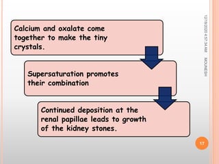 Calcium and oxalate come
together to make the tiny
crystals.
Supersaturation promotes
their combination
Continued deposition at the
renal papillae leads to growth
of the kidney stones.
12/18/20204:57:34AM
17
MOUNESH
 