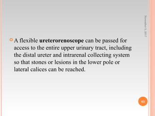  A flexible ureterorenoscope can be passed for
access to the entire upper urinary tract, including
the distal ureter and intrarenal collecting system
so that stones or lesions in the lower pole or
lateral calices can be reached.
November5,2017
63
 