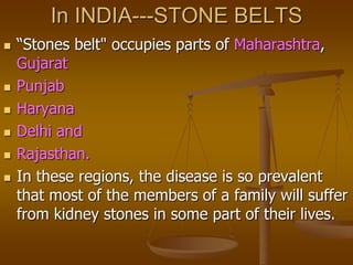 In INDIA---STONE BELTS
 “Stones belt" occupies parts of Maharashtra,
Gujarat
 Punjab
 Haryana
 Delhi and
 Rajasthan.
 In these regions, the disease is so prevalent
that most of the members of a family will suffer
from kidney stones in some part of their lives.
 