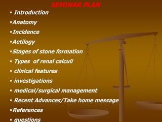 SEMINAR PLAN
 Introduction
Anatomy
Incidence
Aetilogy
Stages of stone formation
 Types of renal calculi
 clinical features
 investigations
 medical/surgical management
 Recent Advances/Take home message
References
 questions
 