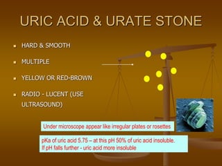 URIC ACID & URATE STONE
 HARD & SMOOTH
 MULTIPLE
 YELLOW OR RED-BROWN
 RADIO - LUCENT (USE
ULTRASOUND)
Under microscope appear like irregular plates or rosettes
pKa of uric acid 5.75 – at this pH 50% of uric acid insoluble.
If pH falls further - uric acid more insoluble
 