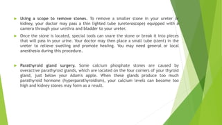  Using a scope to remove stones. To remove a smaller stone in your ureter or
kidney, your doctor may pass a thin lighted tube (ureteroscope) equipped with a
camera through your urethra and bladder to your ureter.
 Once the stone is located, special tools can snare the stone or break it into pieces
that will pass in your urine. Your doctor may then place a small tube (stent) in the
ureter to relieve swelling and promote healing. You may need general or local
anesthesia during this procedure.
 Parathyroid gland surgery. Some calcium phosphate stones are caused by
overactive parathyroid glands, which are located on the four corners of your thyroid
gland, just below your Adam's apple. When these glands produce too much
parathyroid hormone (hyperparathyroidism), your calcium levels can become too
high and kidney stones may form as a result.
 