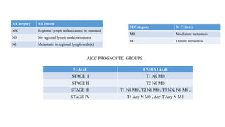 N Category N Criteria
NX Regional lymph nodes cannot be assessed
N0 No regional lymph node metastasis
N1 Metastasis in regional lymph node(s)
M Category M Criteria
M0 No distant metastasis
M1 Distant metastasis
 