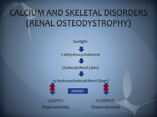 CALCIUM AND SKELETAL DISORDERS
(RENAL OSTEODYSTROPHY)
Sunlight
7-dehydroxycholestrol
Cholecalciferol (skin)
25-hydroxycholecalciferol (liver)
1,25DHCC 21,25DHCC
(hypocalcemia) (hypercalcemia)
KIDNEY
 