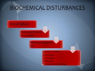 BIOCHEMICAL DISTURBANCES
Renal failure
Reduced H+ ion
excretion
Reduced plasma
pH
Systemic acidosis
•Anorexia
•Lethargy
•Nausea
•Kussmaul’s breathing
 