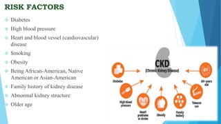 RISK FACTORS
 Diabetes
 High blood pressure
 Heart and blood vessel (cardiovascular)
disease
 Smoking
 Obesity
 Being African-American, Native
American or Asian-American
 Family history of kidney disease
 Abnormal kidney structure
 Older age
 