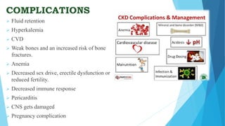 COMPLICATIONS
 Fluid retention
 Hyperkalemia
 CVD
 Weak bones and an increased risk of bone
fractures.
 Anemia
 Decreased sex drive, erectile dysfunction or
reduced fertility.
 Decreased immune response
 Pericarditis
 CNS gets damaged
 Pregnancy complication
 