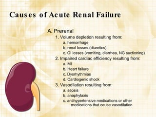 Causes of Acute Renal Failure A. Prerenal 1. Volume depletion resulting from: a. hemorrhage b. renal losses (diuretics) c. GI losses (vomiting, diarrhea, NG suctioning) 2. Impaired cardiac efficiency resulting from: a. MI b. Heart failure c. Dysrhythmias d. Cardiogenic shock 3. Vasodilation resulting from: a. sepsis b. anaphylaxis c. antihypertensive medications or other medications that cause vasodilation 