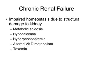 Chronic Renal Failure Impaired homeostasis due to structural damage to kidney Metabolic acidosis Hypocalcemia Hyperphosphatemia Altered Vit D metabolism Toxemia 