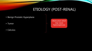 ETIOLOGY (POST-RENAL)
• Benign Prostatic Hyperplasia
• Tumor
• Calculus
Obstruction which
may cause
Hydronephrosis
 