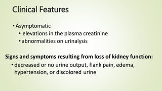 Clinical Features
•Asymptomatic
• elevations in the plasma creatinine
• abnormalities on urinalysis
Signs and symptoms resulting from loss of kidney function:
•decreased or no urine output, flank pain, edema,
hypertension, or discolored urine
 