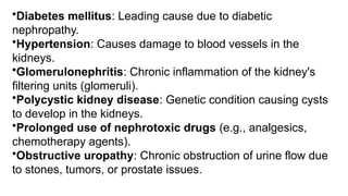 •Diabetes mellitus: Leading cause due to diabetic
nephropathy.
•Hypertension: Causes damage to blood vessels in the
kidneys.
•Glomerulonephritis: Chronic inflammation of the kidney's
filtering units (glomeruli).
•Polycystic kidney disease: Genetic condition causing cysts
to develop in the kidneys.
•Prolonged use of nephrotoxic drugs (e.g., analgesics,
chemotherapy agents).
•Obstructive uropathy: Chronic obstruction of urine flow due
to stones, tumors, or prostate issues.
 