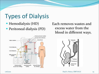 Types of Dialysis Hemodialysis (HD) Peritoneal dialysis (PD) Each removes wastes and excess water from the blood in different ways.  Paul A. Peirce, EMT-B I/C 1/16/2011 