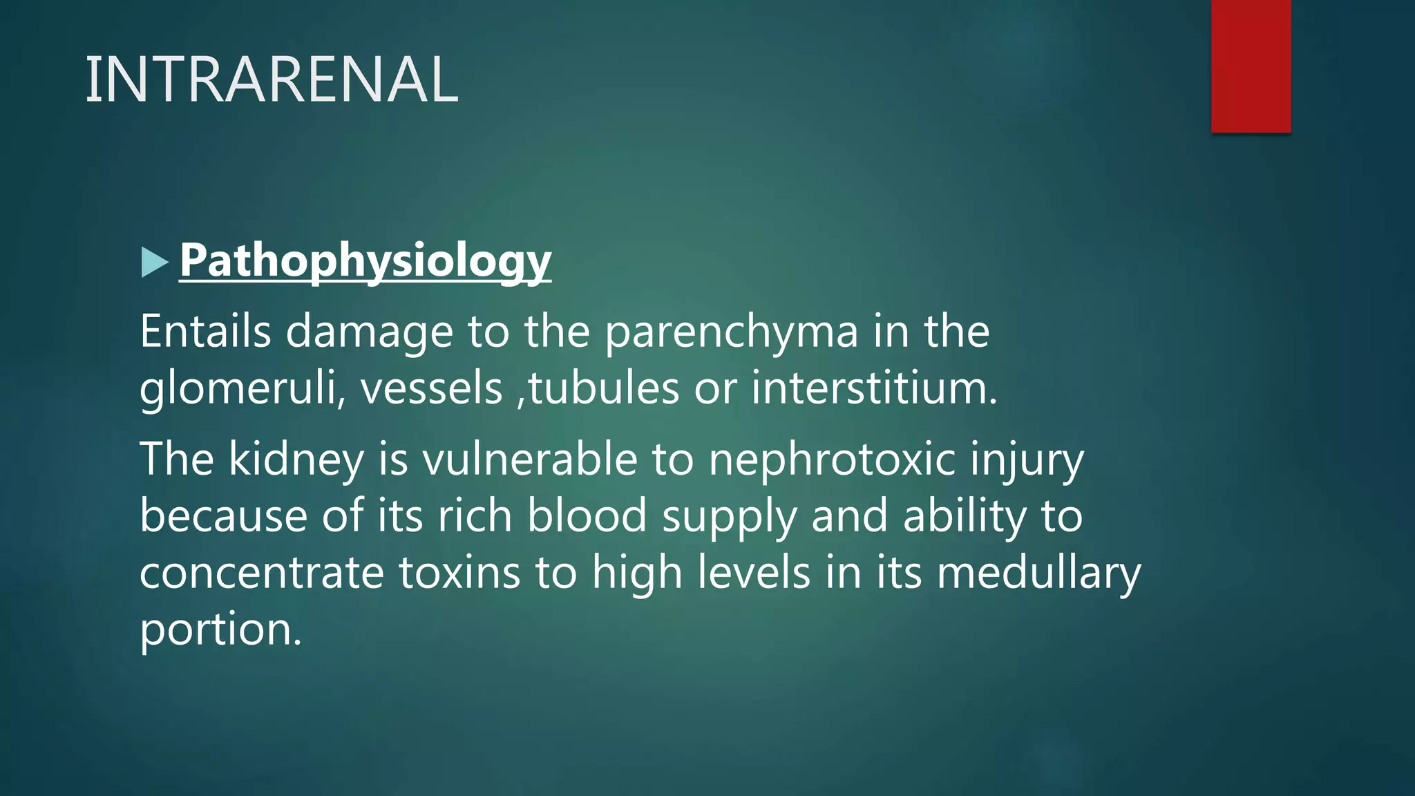 INTRARENAL
 Pathophysiology
Entails damage to the parenchyma in the
glomeruli, vessels ,tubules or interstitium.
The kidney is vulnerable to nephrotoxic injury
because of its rich blood supply and ability to
concentrate toxins to high levels in its medullary
portion.
 
