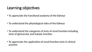 6
Learning objectives
• To appreciate the functional anatomy of the kidneys
• To understand the physiological roles of the kidneys
• To understand the categories of tests of renal function including
tests of glomerular and tubular function
• To appreciate the application of renal function tests in clinical
practice
 