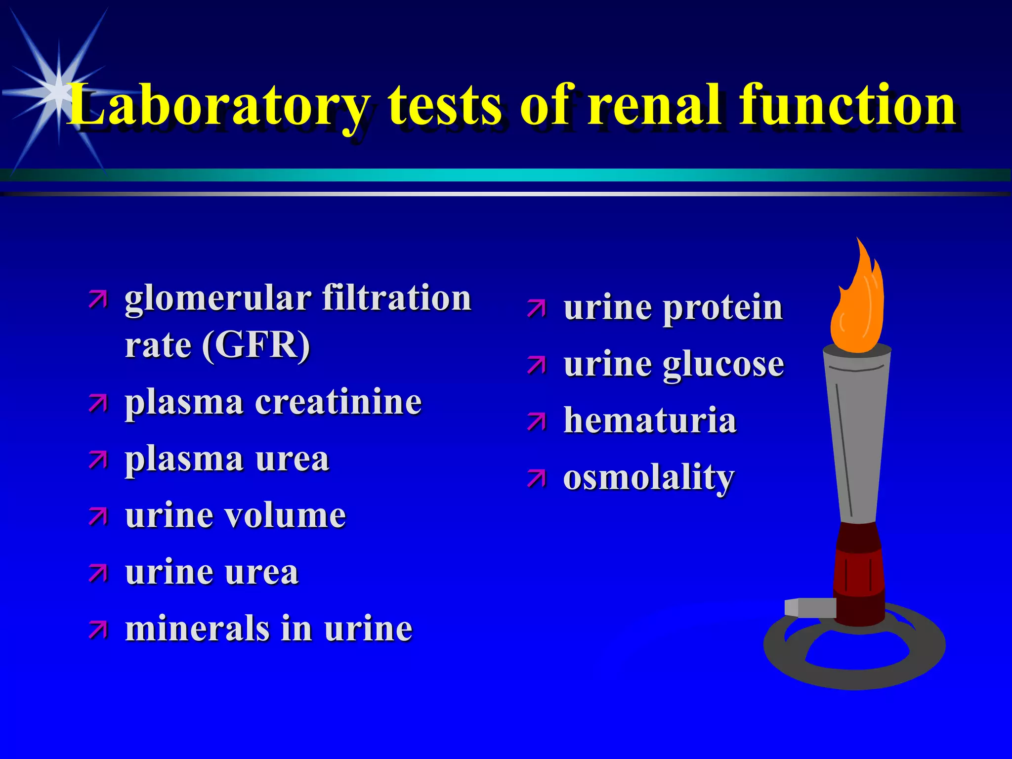 Laboratory tests of renal function
 glomerular filtration
rate (GFR)
 plasma creatinine
 plasma urea
 urine volume
 urine urea
 minerals in urine
 urine protein
 urine glucose
 hematuria
 osmolality
 