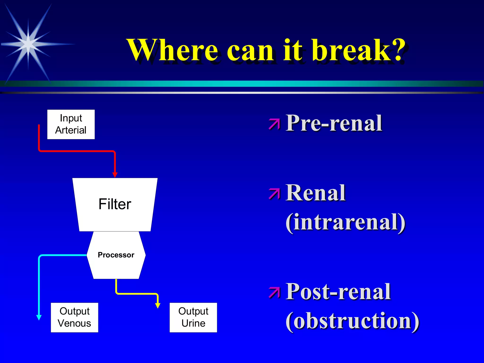 Where can it break?
 Pre-renal
 Renal
(intrarenal)
 Post-renal
(obstruction)
Filter
Processor
Input
Arterial
Output
Venous
Output
Urine
 